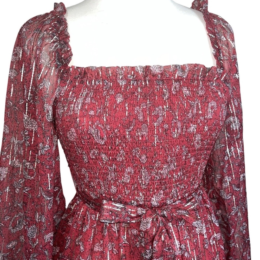 Red Smocked Midi Dress with Bishop Sleeves